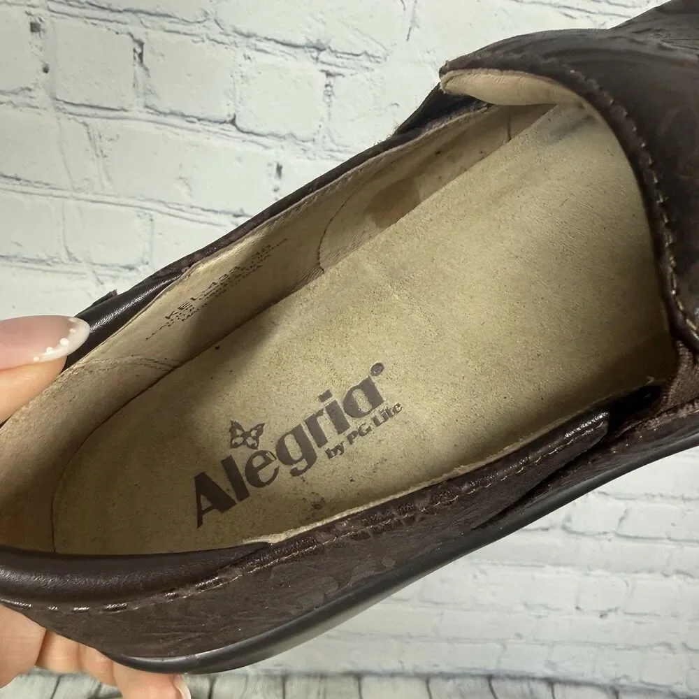 Alegria Keli KEL-433 Womens 7.5-8 US 38 EU Brown Embossed Leather Clogs Slip On